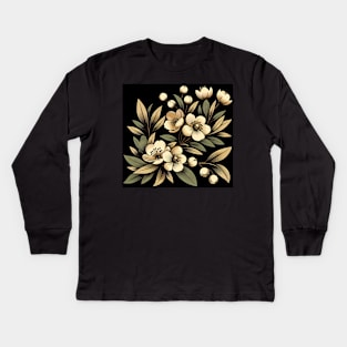 Olive Floral Illustration Kids Long Sleeve T-Shirt